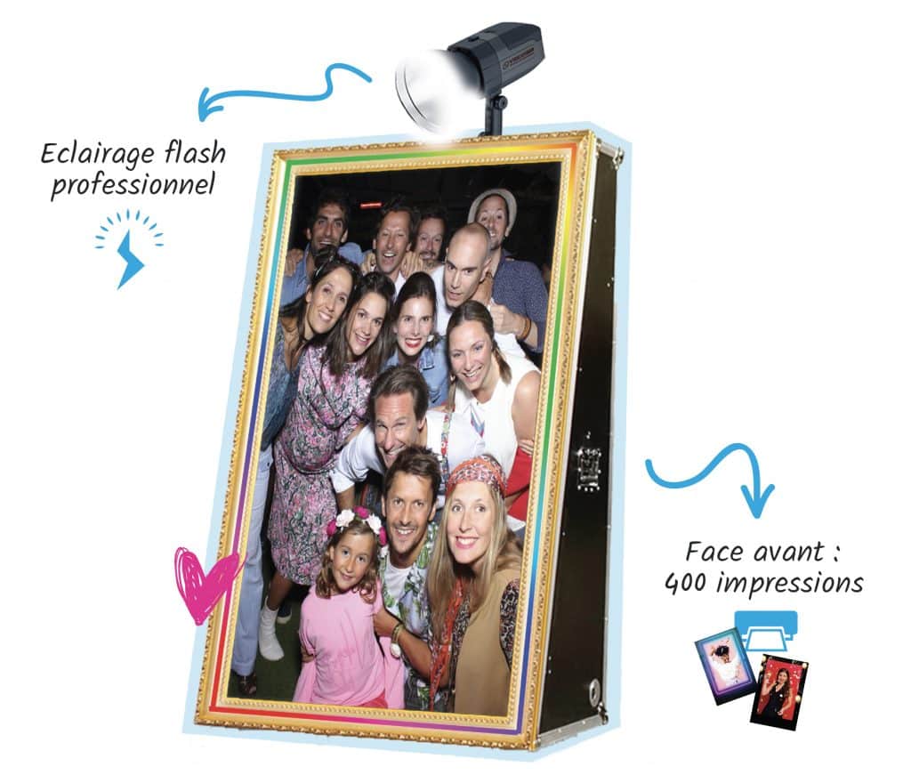 photo booth miroir magique selfie groupe cadre or vintage lampe flash impression tirage