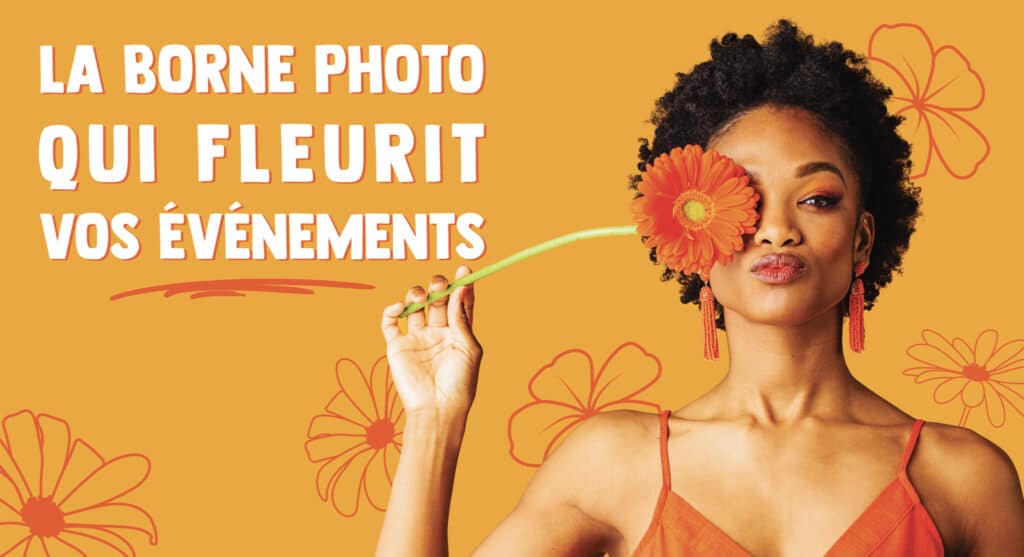 garden party femme metisse afro pose une fleur orange sur son oeil fond orange