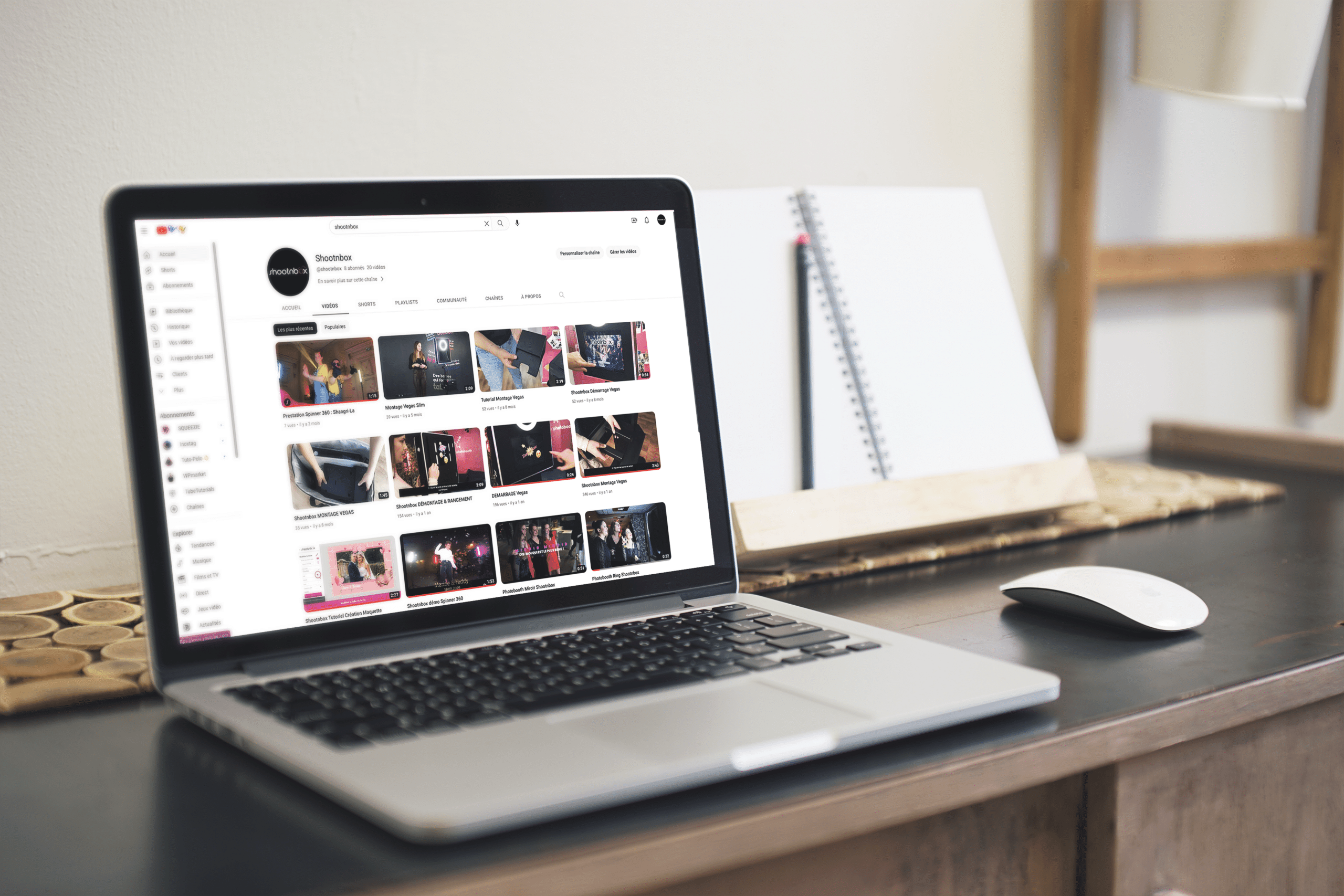 Chaîne YouTube de Shootnbox affichée sur un ordinateur portable