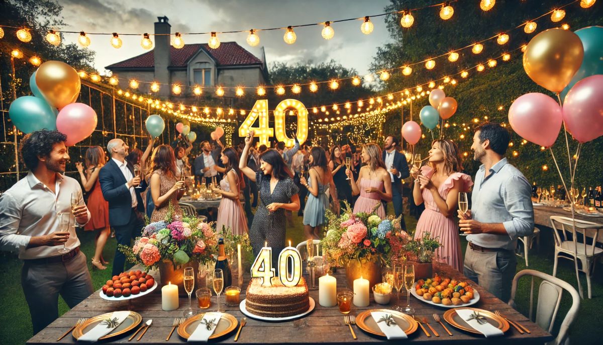 organisation anniversaire 40 ans gateau jardin table invités guirlande lumineuse ballon coupe champagne