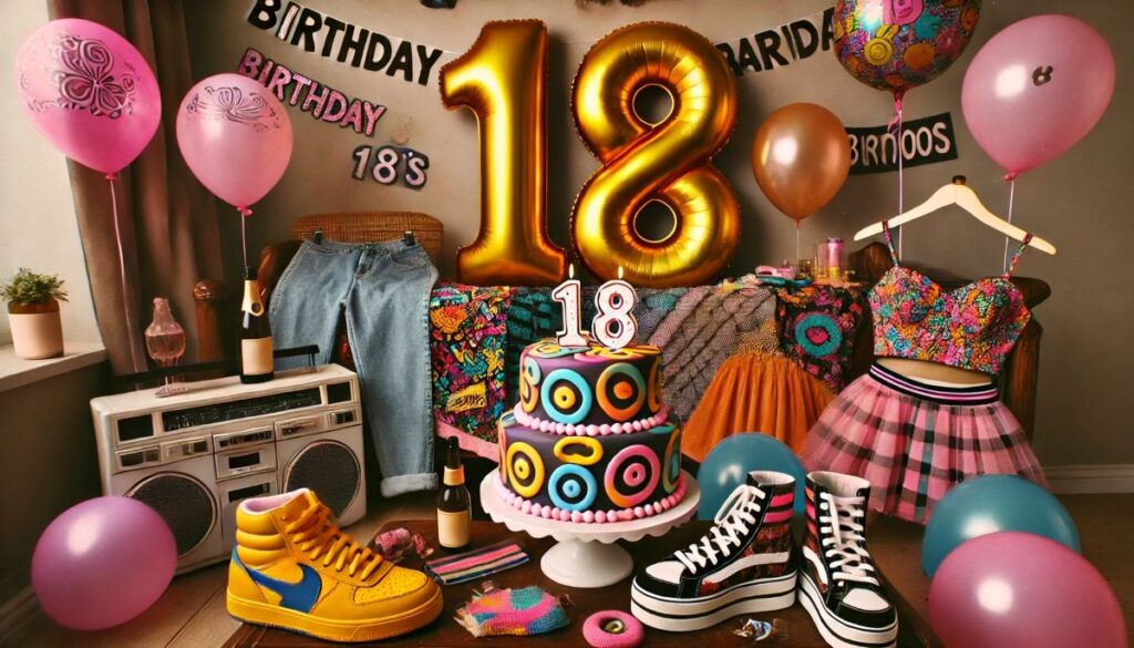 anniversaire 18 ans deco theme retro années 2000 90 sneakers vans sono boombox ballon gonflable chiffre or gateau tenue