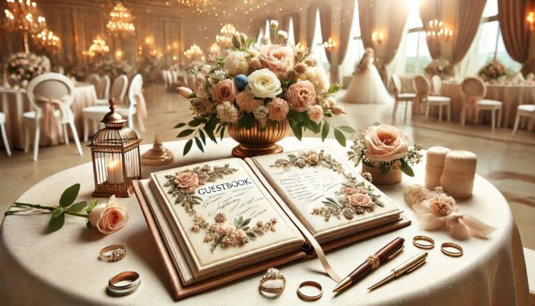 livre d'or mariage chic blanc classique guestbook table ronde fleur rose pastel ambiance riche