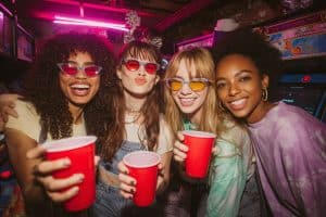 Groupe d'amis fêtant un anniversaire 30 ans avec un thème années 90 et Y2K, ambiance néon et nostalgique