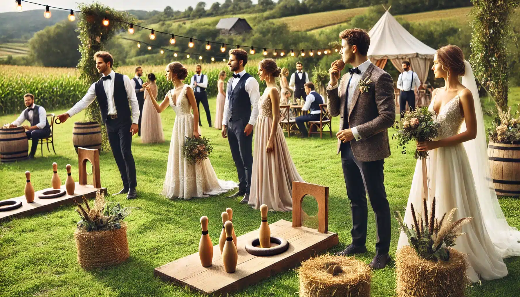 Jeux en bois de plein air installés sur la pelouse d'un mariage champêtre chic