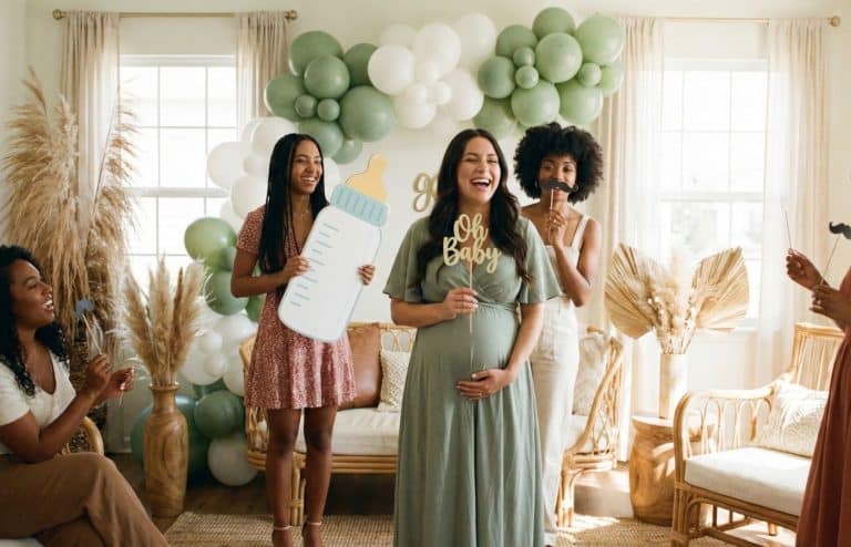 décoration salon baby shower ventre rond femme enceinte avec amie jeux et prise de photo biberon géant ballon vert blanc marron