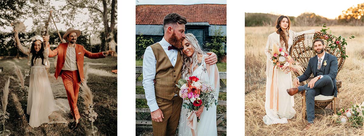 idée costume et robe de mariage boheme chic trois couple homme femme mariés