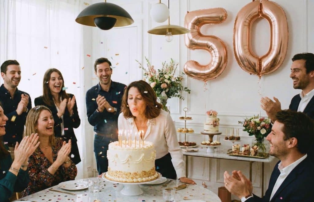 Femme de 50 ans soufflant ses bougies d'anniversaire sur un gâteau à la maison, entourée de ses amis dans une décoration chic et tendance avec ballons rose gold.