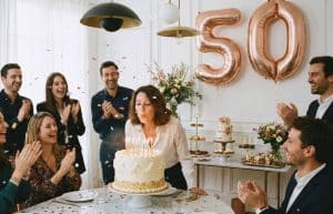 Femme de 50 ans soufflant ses bougies d'anniversaire sur un gâteau à la maison, entourée de ses amis dans une décoration chic et tendance avec ballons rose gold.