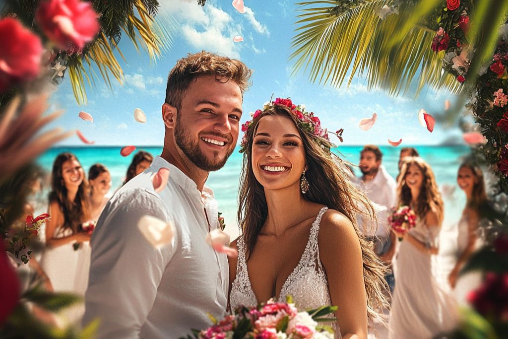 Créez des images réalistes d'un beau couple célébrant son mariage aux Maldives. Les mariés, aux visages souriants, clairs et détaillés, se tiennent sous une arche fleurie, avec l'océan Indien en arrière-plan, leurs visages slaves entourés d'invités et de palmiers.