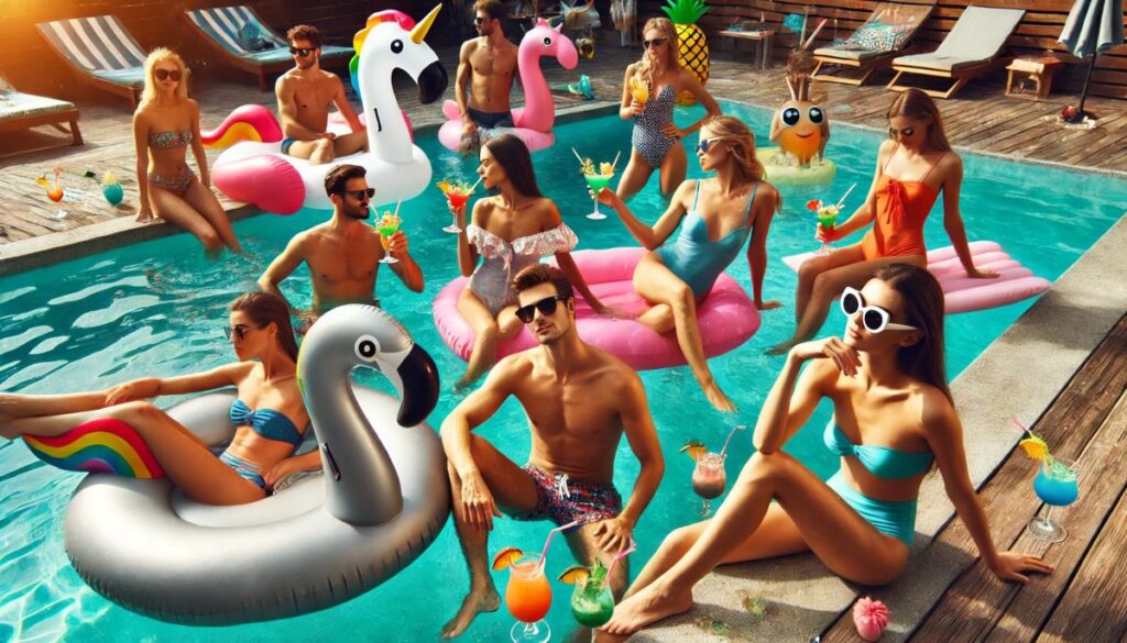 pool party fête bouée gonflable flamand rose licorne cocktails été piscine