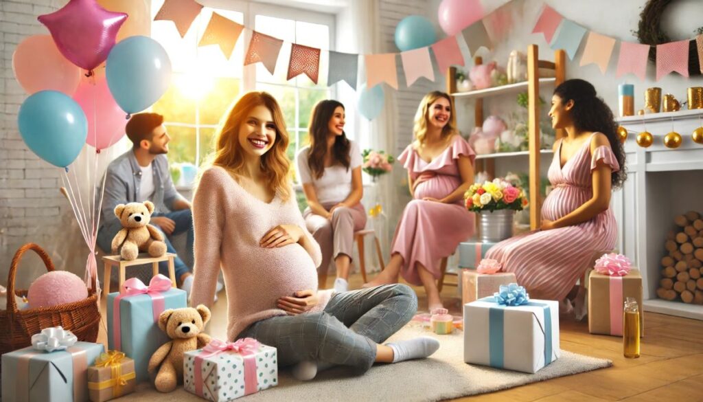 future maman ventre rond grosses assise par terre lors d'une baby shower entre amie avec cadeaux bébé ourson peluche ballon gonflable couleur rose pastel