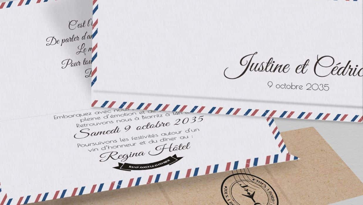 Faire-part de mariage thème voyage en forme de lettre postale avec avion et coupon RSVP