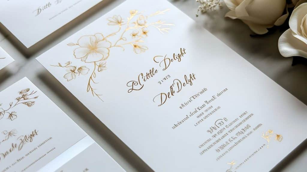Un faire-part de mariage moderne aux délicates touches florales dorées sur un élégant fond blanc. Le design comprend des informations calligraphiées et manuscrites : date, heure, lieu, noms des mariés et type d'événement. Le titre « Petit Délice » figure en haut à droite, et de petites décorations ornent les bords de la page. Une image en taille réelle présente toutes les informations en détail.