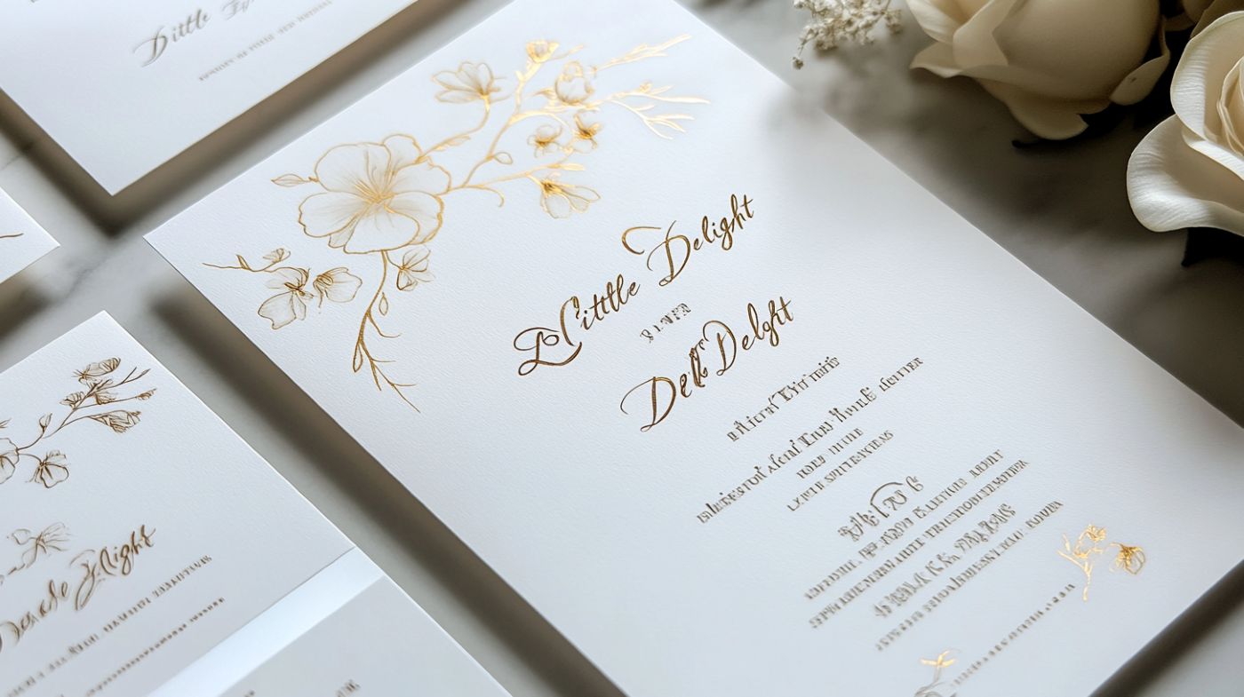 Exemple de texte de faire-part de mariage moderne avec touches florales dorées sur fond blanc
