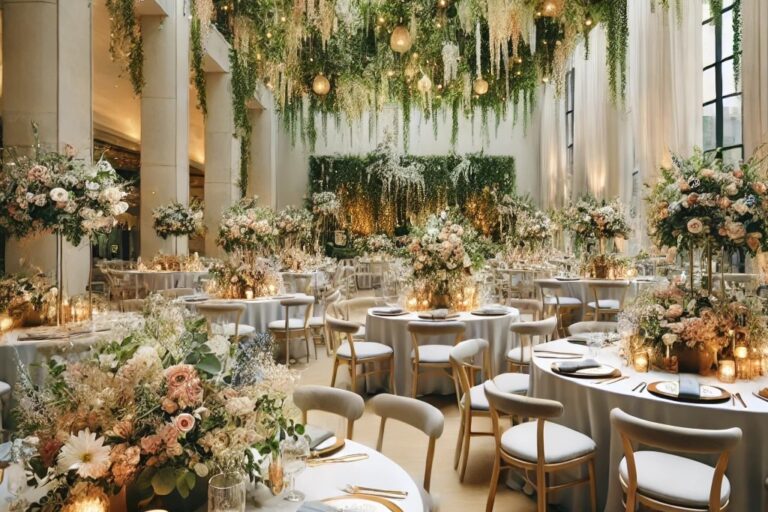 salle de mariage réception table diner plante fleurs naturelles décoration chic sophistiqué blanc gris doré bougie lieu emblématique