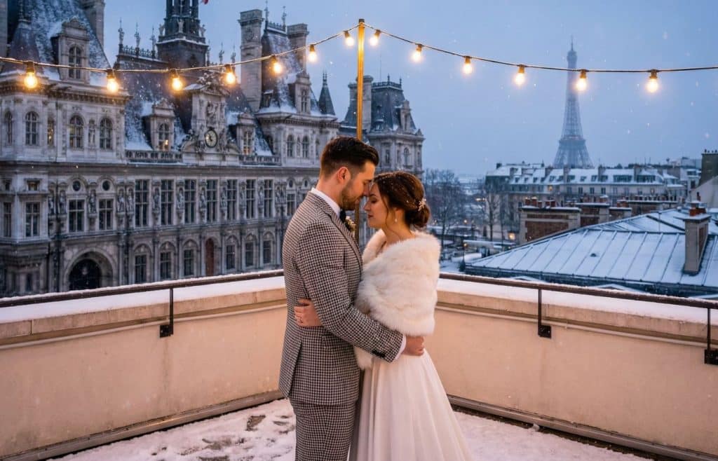 photographie des mariés couple enlacé sous la neige à paris mariage hiver