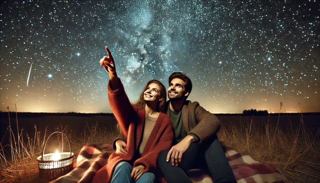 activité de couple soirée en amoureux observation des étoiles ciel constellation homme femme pique nique nuit étoilée