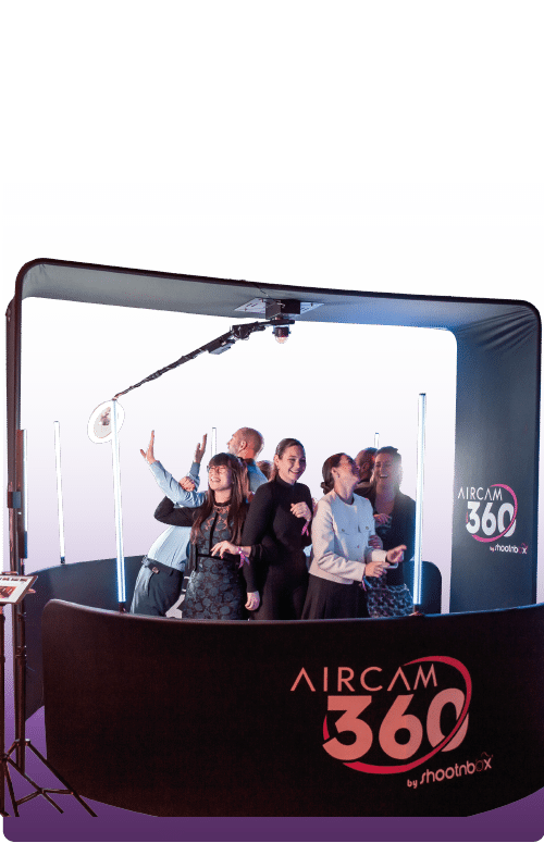 Bannières Borne Videobooth 360 Aircam animation video bras qui tourne ring light groupe