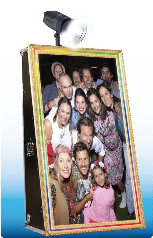 Bannières Borne Photobooth Miroir shoonbox flash lumineux vintge retro cadre or tableau selfie groupe écran géant