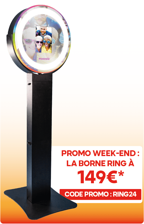 Bannières Borne Photobooth Ring shootnbox anneau ring light lumineux tete ronde borne photo selfie groupe seul sur pied digital numérique 149€