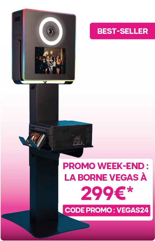 Bannières Borne Photobooth Vegas shootnbox prix promo 100 euros de réduction imprimante photo booth borne selfie pas cher impression noire