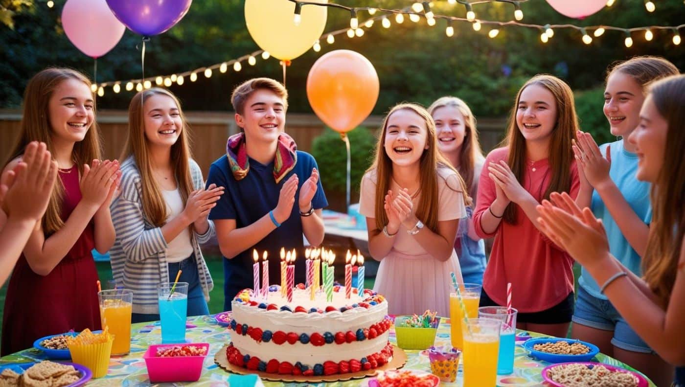 Groupe d'adolescents qui applaudit autour d'un gâteau d'anniversaire dans un jardin décoré de ballons