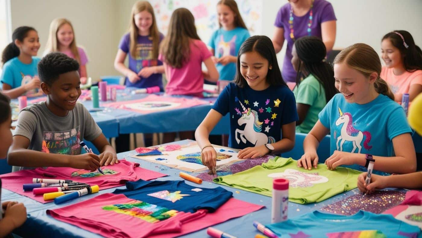 groupe mixte de filles et garçons, âgés d'environ 12 ans, participe à un atelier de customisation de t-shirts dans un espace lumineux et coloré. Chaque enfant est assis autour d’une grande table recouverte de papier protecteur, entouré de pots de peinture textile, de marqueurs pour tissu, de pochoirs, et de petits accessoires comme des paillettes ou des patchs thermocollants.
On voit un garçon concentré en train de dessiner un motif graphique sur son t-shirt avec des feutres colorés, tandis qu’une fille applique un pochoir pour créer un dessin de licorne