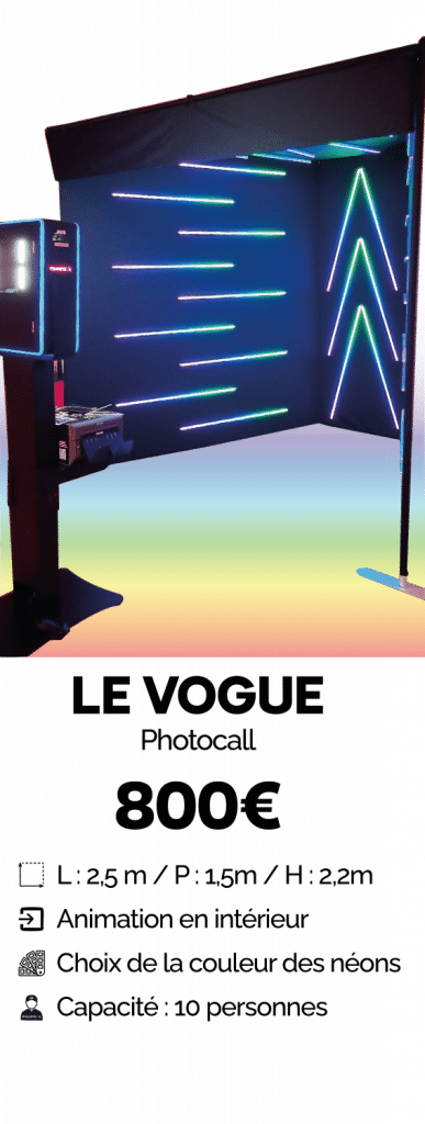 prix location photocall vogue shootnbox neon led mur borne photobooth selfie fond 800€ tarif service inclus