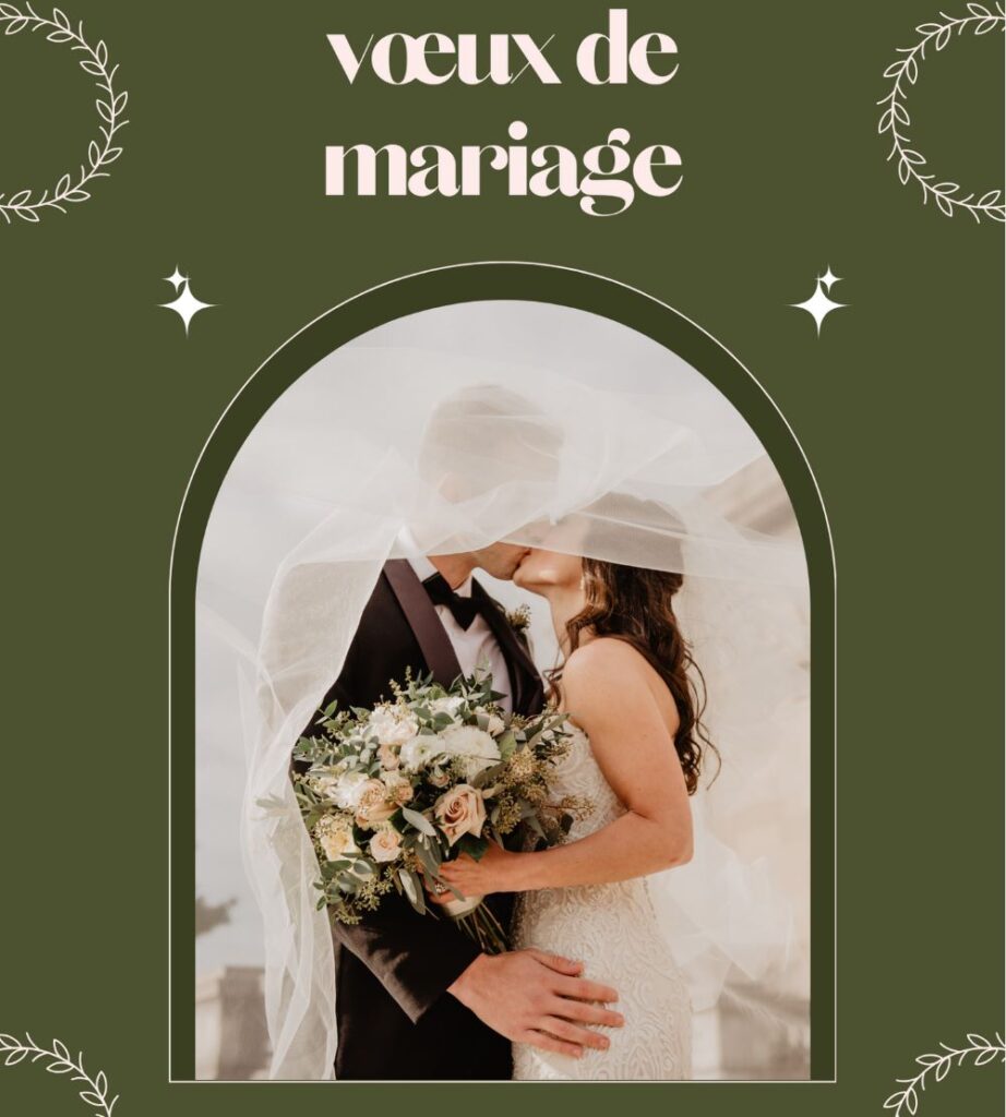 voeux de mariage originaux affiche mariés baiser bouquet robe costume