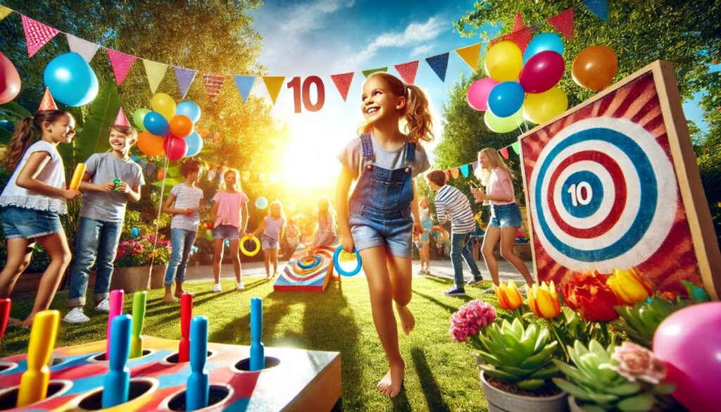 eu en plein air avec une fille de 10 ans et ses amis dans un parc, entourés d'accessoires festifs comme des ballons géants et des jeux de kermesse