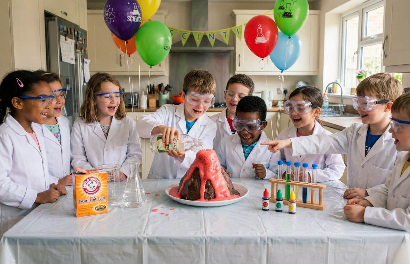 Atelier Science Party pour anniversaire enfant : expérience du volcan en éruption et fabrication de slime à la maison