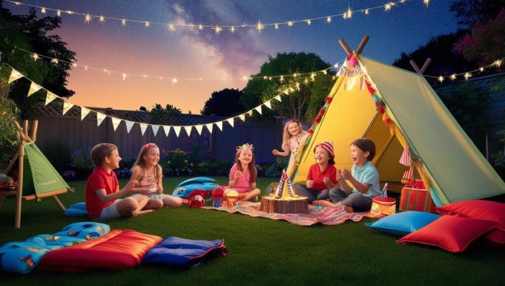 anniversaire enfance camping jardin filles et garçons ciel etoilé tombé de la nuit tente guirlande lumineuse