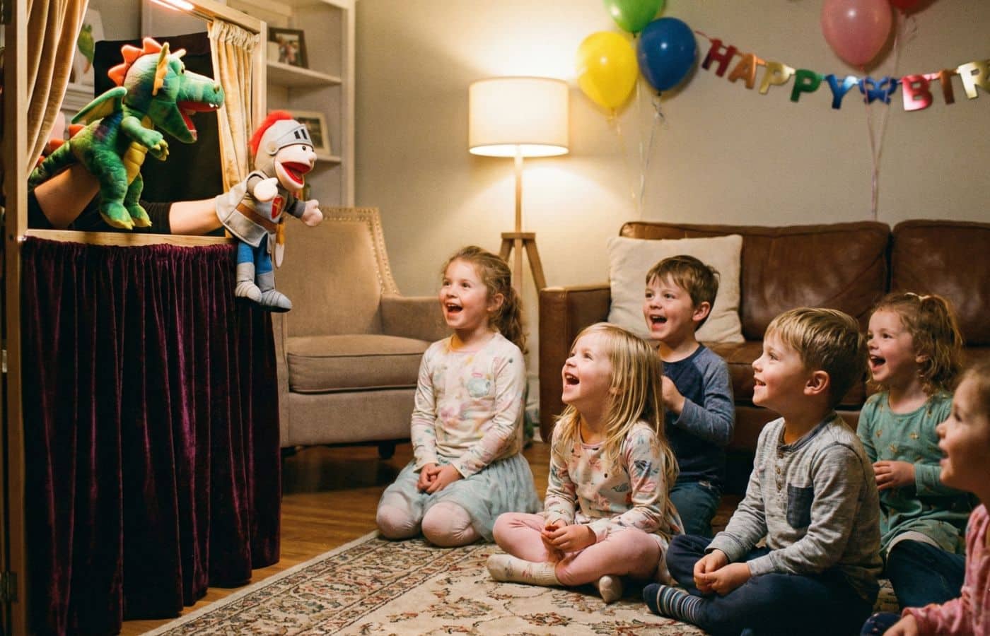 enfant assis en tailleur dans le salon sur tapis écoute histoire marionnette atelier spectacle pour anniversaire enfants