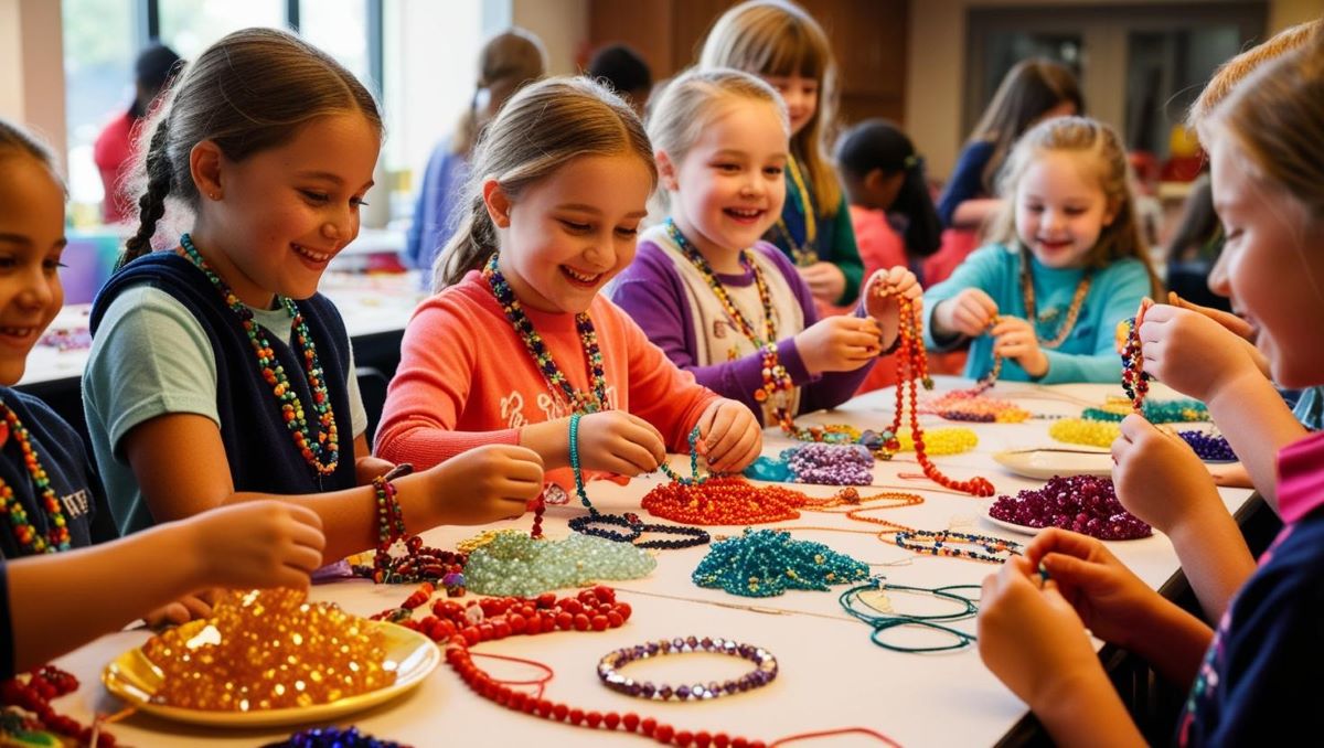 Atelier création de bijoux en perles pendant un anniversaire d'enfant