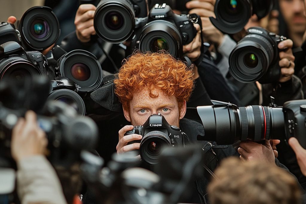 reporter photographe rue cheveux roux yeux bleus canon reflex partout