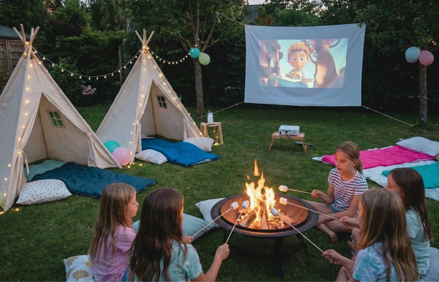 Soirée pyjama et camping dans le jardin pour un anniversaire enfant 10 ans : tentes et cinéma en plein air drap blanc tendu videoprojecteur