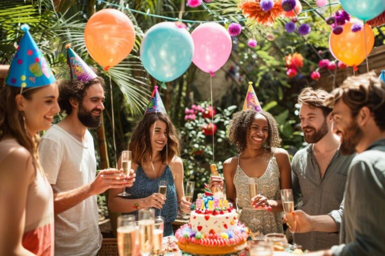 fête anniversaire amis exterieur ballon gateau chapeau sur la tête