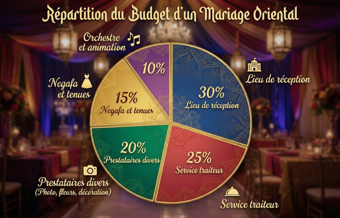 Infographie montrant la répartition du budget pour l'organisation d'un mariage oriental : lieu de réception, traiteur halal, negafa et animations
