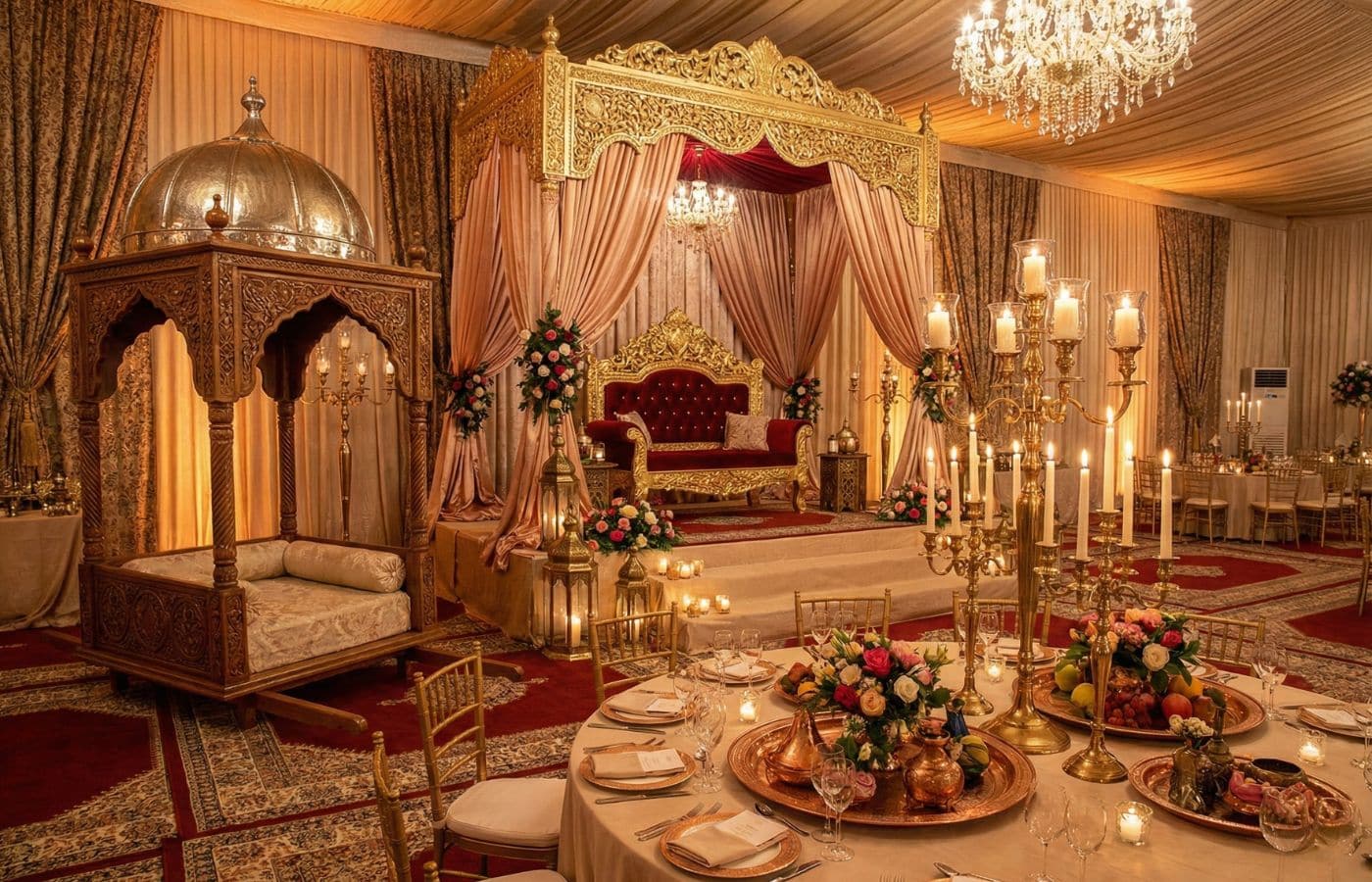 Décoration de mariage oriental haut de gamme avec trône royal, amariya traditionnelle et centres de table fleuris.