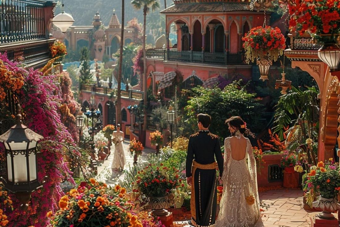decor mariage ambiance orientale ville fleur oasis généré par ia magnifique maison rouge