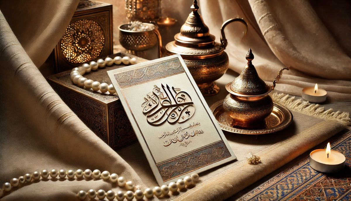 faire-part de mariage oriental avec une calligraphie arabe dorée ou argentée, accompagné de symboles traditionnels comme un plateau en cuivre, des perles et une théière marocaine