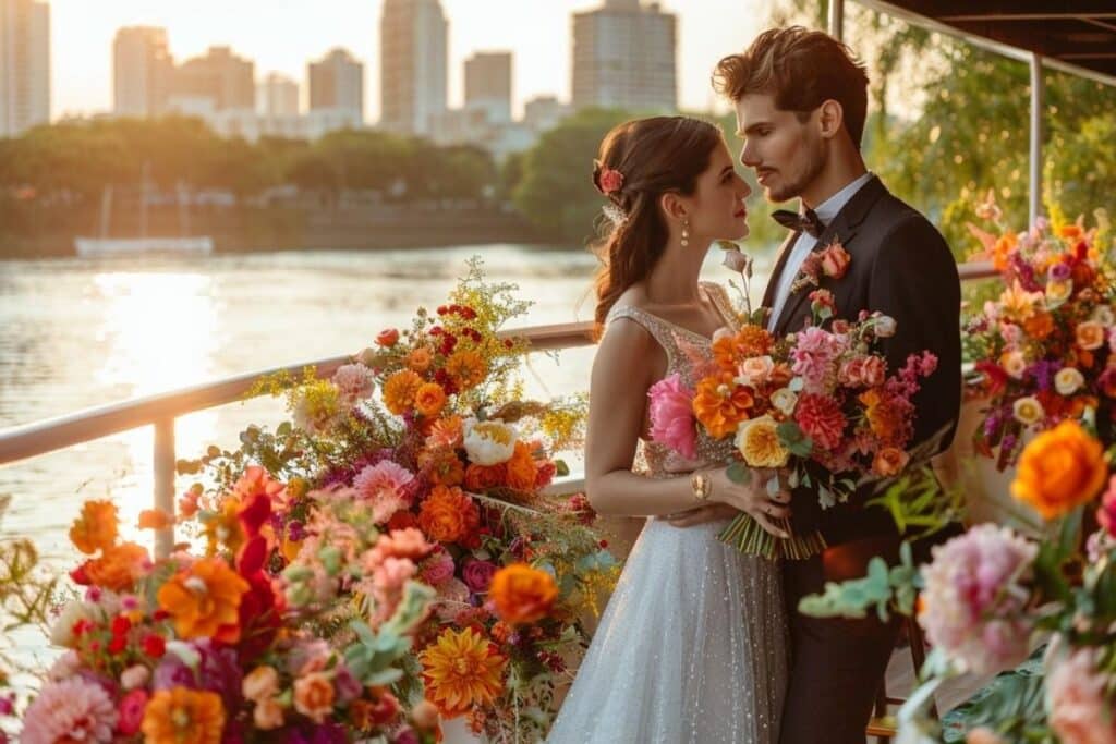 couple mariés femme homme photo mariage péniche sur la seine vue paris au fond coucher du soleil fleur bouquet