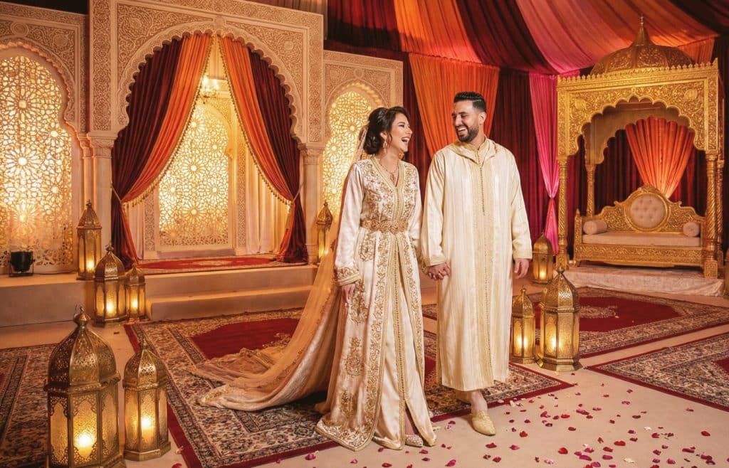 Couple de mariés en tenue traditionnelle dans une salle de mariage oriental luxueuse avec trône, lanternes dorées et décoration maghrébine chaleureuse.