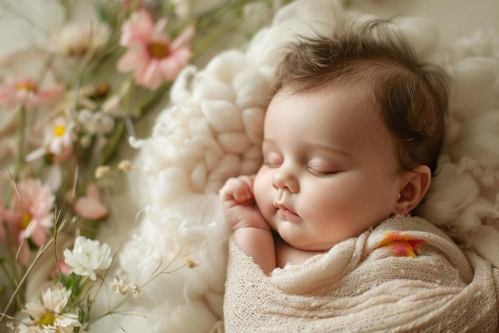 photo de bébé naissance endormi fleur