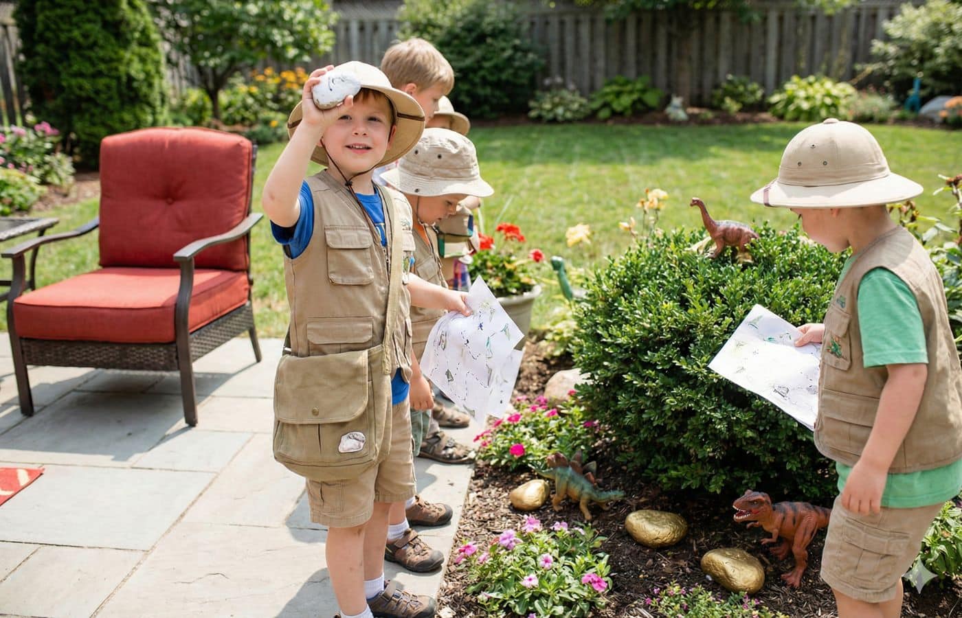 Enfants déguisés en explorateurs jouant à la chasse aux fossiles et aux œufs, une idée de jeu incontournable pour un anniversaire thème dinosaure
