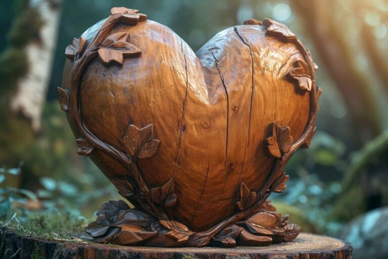 coeur en bois sculpté feuille relief 3d souche d'arbre taillée