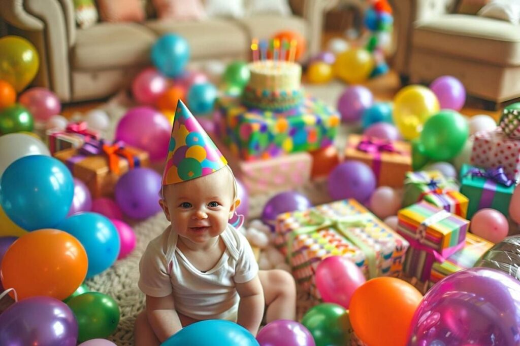 anniversaire bébé 1 an deco ballon partout chapeau sur la tête enfant se tient assis par terre salon