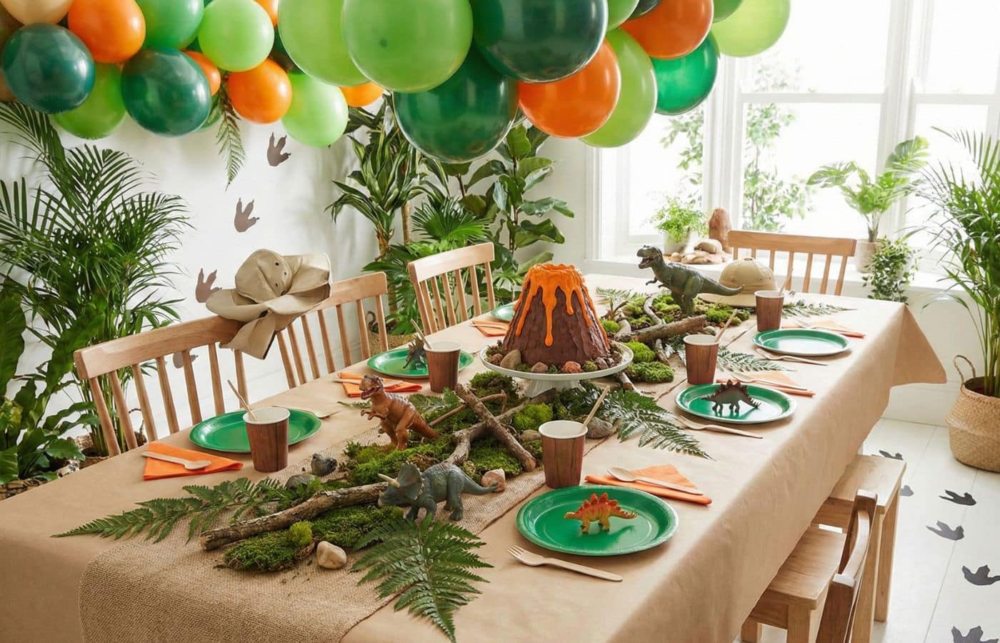 Idée décoration table anniversaire dinosaure : ambiance jungle avec nappe kraft, ballons verts et oranges, et figurines préhistoriques