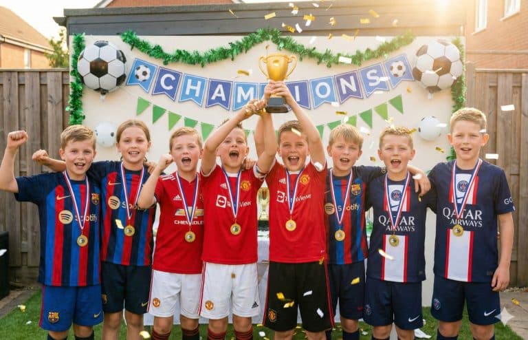 Photo de groupe d'enfants fêtant la victoire avec une coupe et des médailles lors d'un anniversaire sur le thème du football. real madrid manchester united barca psg qatar maillot