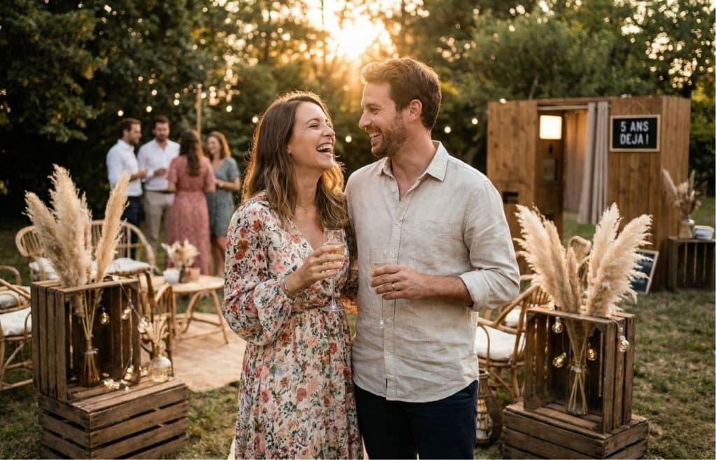 Couple célébrant ses 5 ans de mariage (noces de bois) lors d'une fête bohème au jardin cabine photo 5 ans deja